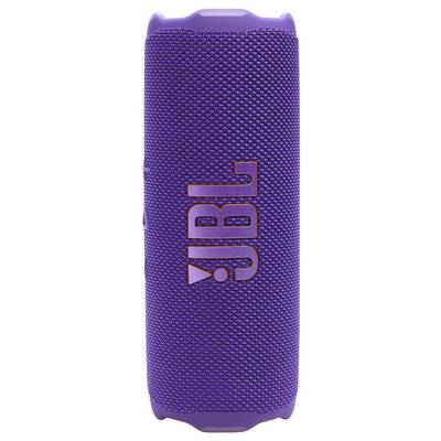 Ein lila tragbarer Lautsprecher mit texturiertem Stoffbezug zeigt das 'JBL' Logo in Orange und präsentiert damit seine Marke und sein Design.