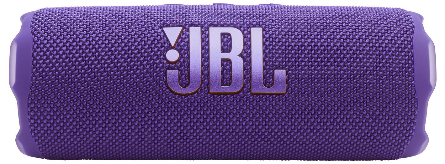 Ein lila tragbarer Bluetooth-Lautsprecher mit strukturierter Oberfläche, auf dessen Seite prominent das 'JBL'-Logo zu sehen ist.