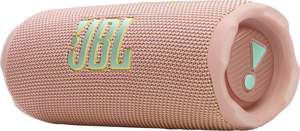 Ein rosa und orangefarbener tragbarer Lautsprecher mit Stoffbezug, auf dem das JBL-Logo zu sehen ist.