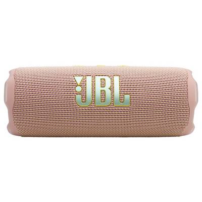 Ein tragbarer rosa Bluetooth-Lautsprecher mit dem 'JBL'-Logo in Hellgrün auf der Vorderseite, mit einem gewebten Stoffbezug.