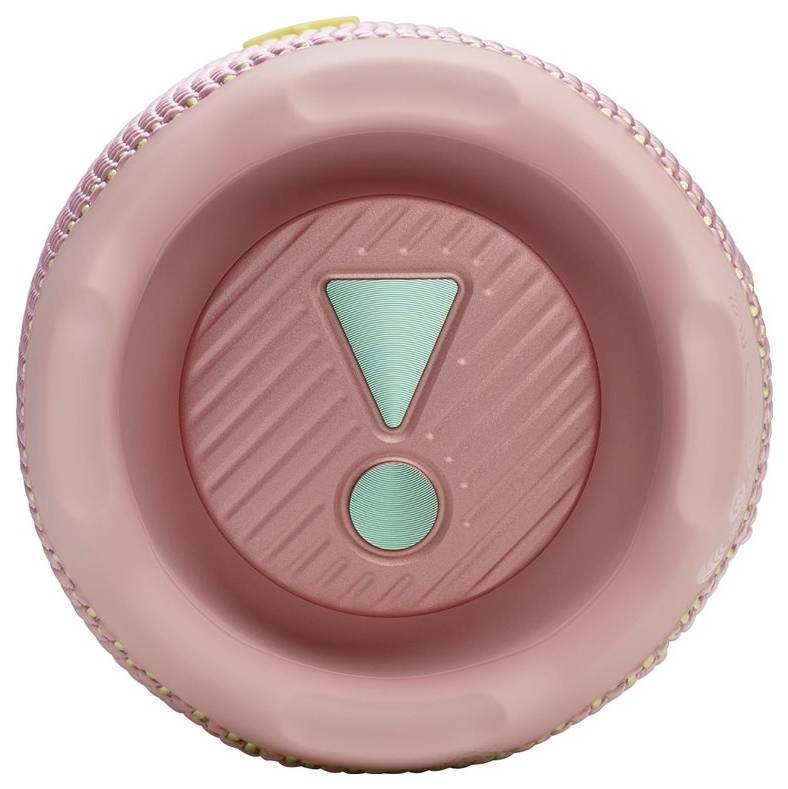 Ein rundes rosa Objekt mit einer strukturierten Oberfläche, das ein zentrales türkisfarbenes Ausrufezeichen aufweist.