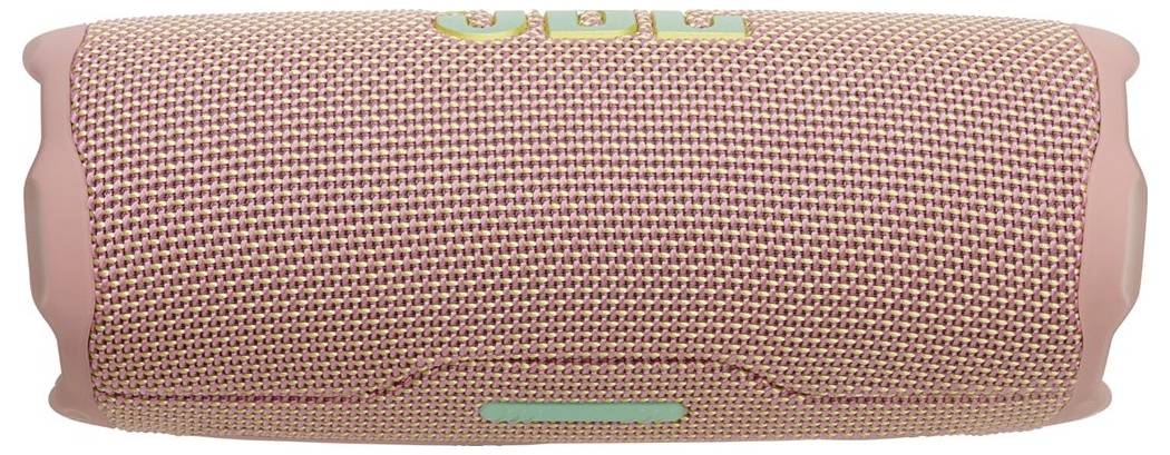 Ein rosa tragbarer Lautsprecher mit strukturierter Oberfläche und grünen Akzenten, entwickelt für drahtlose Audioiedergabe.