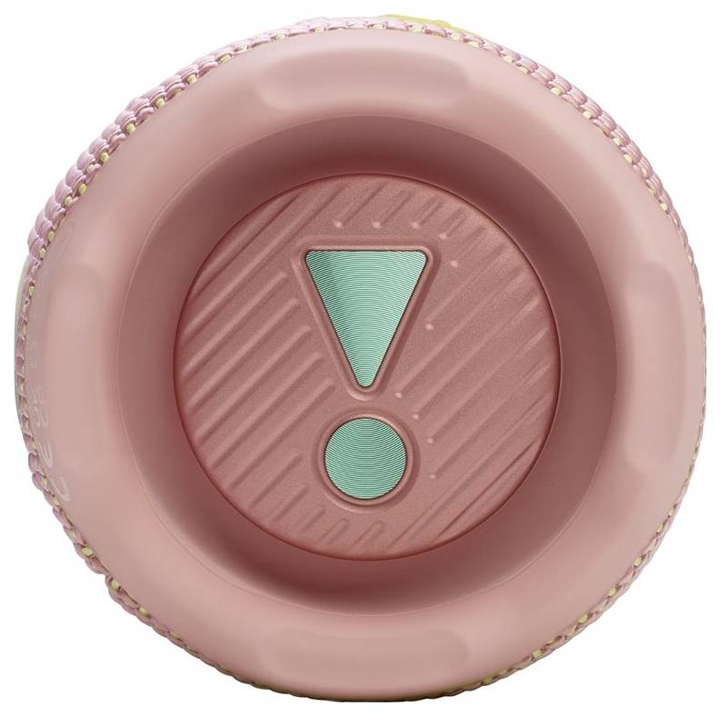 Ein rosa kreisförmiges Objekt mit einem zentralen grünen Ausrufezeichen-Symbol, das Vorsicht oder Aufmerksamkeit signalisiert.