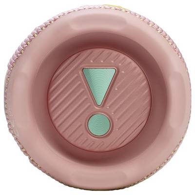 Ein rosa kreisförmiges Objekt mit einem zentralen grünen Ausrufezeichen-Symbol, das Vorsicht oder Aufmerksamkeit signalisiert.