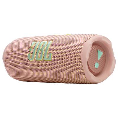 Ein rosa zylindrischer Bluetooth-Lautsprecher mit einer strukturierten Textur, versehen mit einem grünen 'JBL' Logo und einem rosa gummierten Bedienfeld an der Seite.