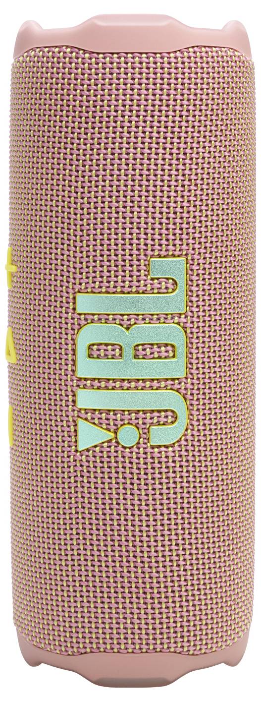 Rosa JBL tragbarer Lautsprecher mit einer strukturierten, Stoff-Oberfläche, auf dessen Seite das JBL-Logo in fetten Buchstaben prangt, vor einem weißen Hintergrund.