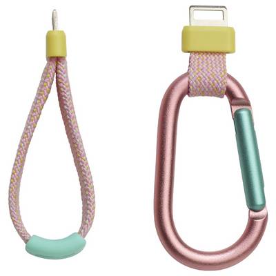 Eine rosa und grüne Schlüsselanhänger-Kordel mit einem USB-Anschluss und einem metallischen rosa Karabinerhaken-Schlüsselanhänger mit blauem Griff und USB-Anschluss.