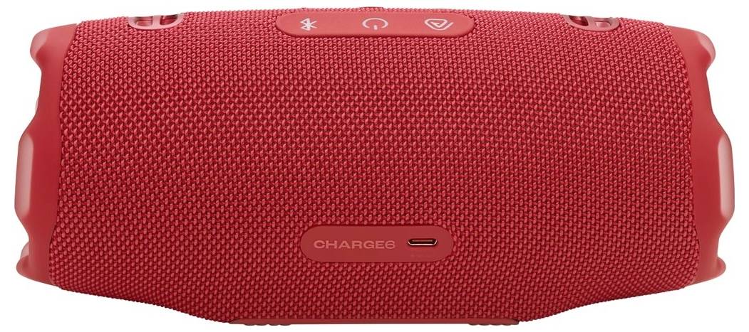 Ein roter tragbarer Bluetooth-Lautsprecher mit strukturierter Oberfläche, der Tasten für Ein/Aus, Bluetooth und Lautstärke aufweist.