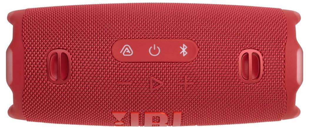 Ein roter tragbarer Bluetooth-Lautsprecher mit Bedienungstasten für Ein/Aus, Wiedergabe/Pause und Bluetooth-Kopplung. Der Lautsprecher hat eine strukturierte Oberfläche.