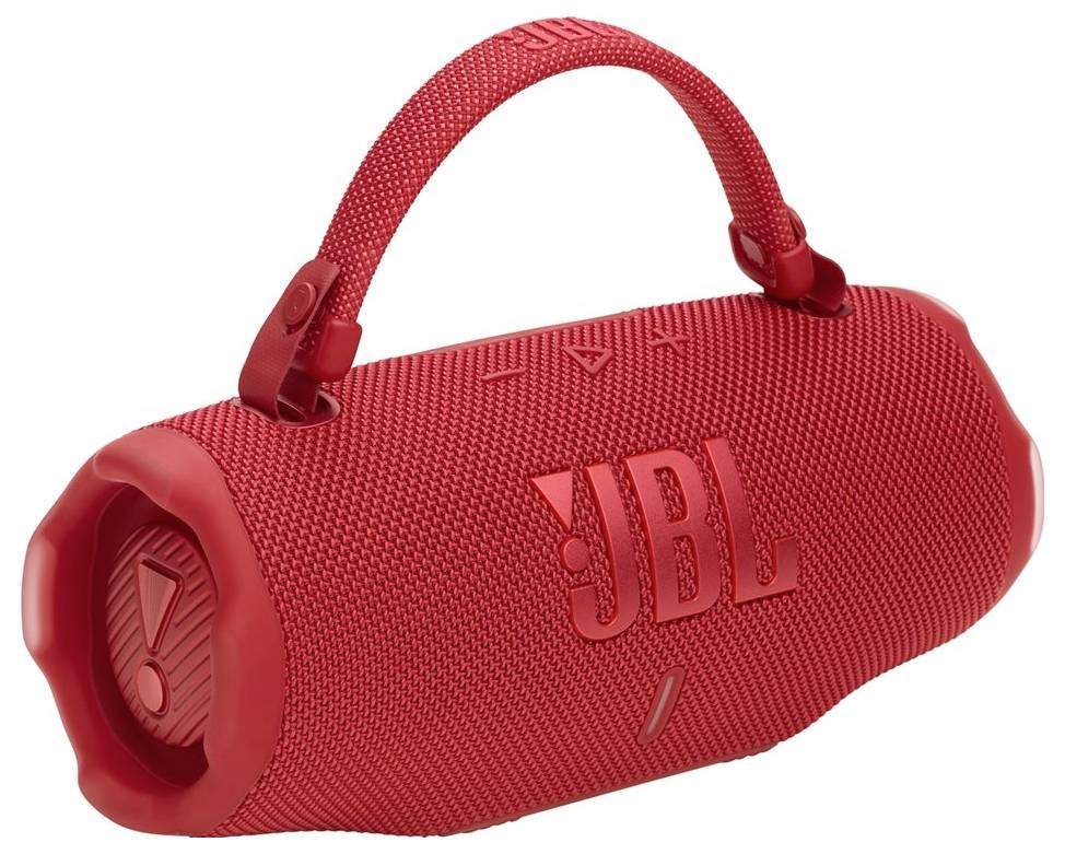 Ein roter tragbarer Bluetooth-Lautsprecher mit Griff, geprägt mit dem 'JBL'-Logo.