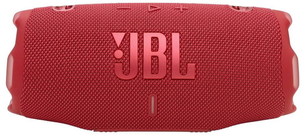 Ein roter tragbarer Lautsprecher mit einer strukturierten Oberfläche, auf dessen Vorderseite das JBL-Logo prominent zu sehen ist.