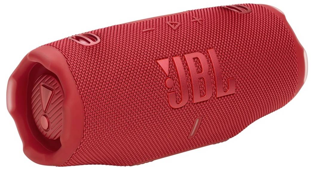 Ein roter tragbarer Lautsprecher mit einer strukturierten Oberfläche und dem Logo ‚JBL' an der Seite.