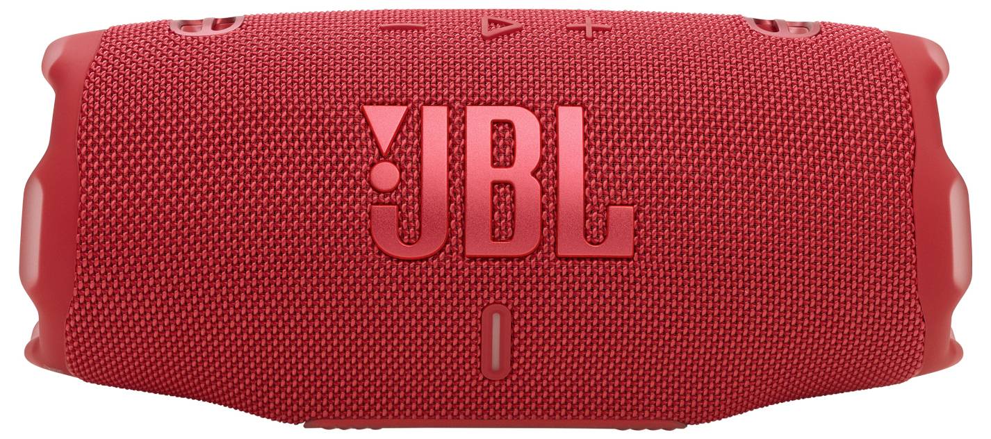 Roter tragbarer Lautsprecher mit Netzstoffbezug, auf dessen Vorderseite das 'JBL' Logo prominent platziert ist.