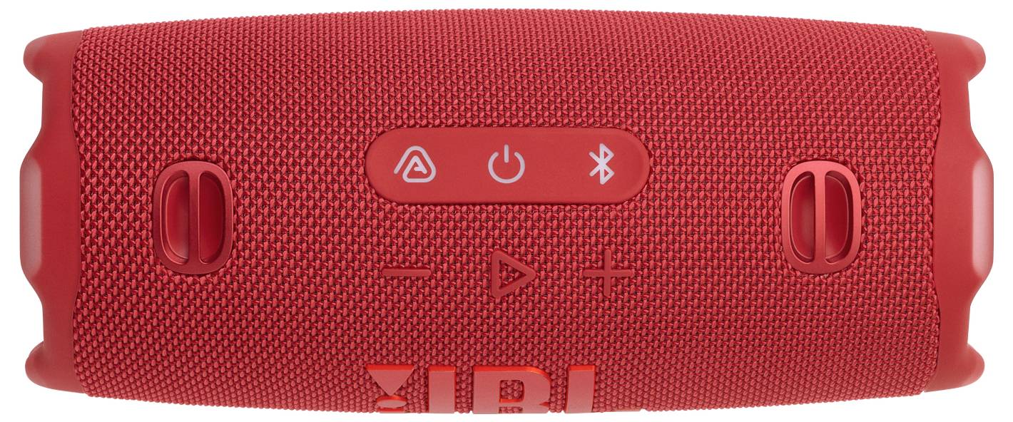 Roter tragbarer Bluetooth-Lautsprecher in zylindrischer Form, mit Bedienungstasten auf der Oberseite für Ein/Aus, Bluetooth-Verbindung und Wiedergabe/Pause-Funktionen.