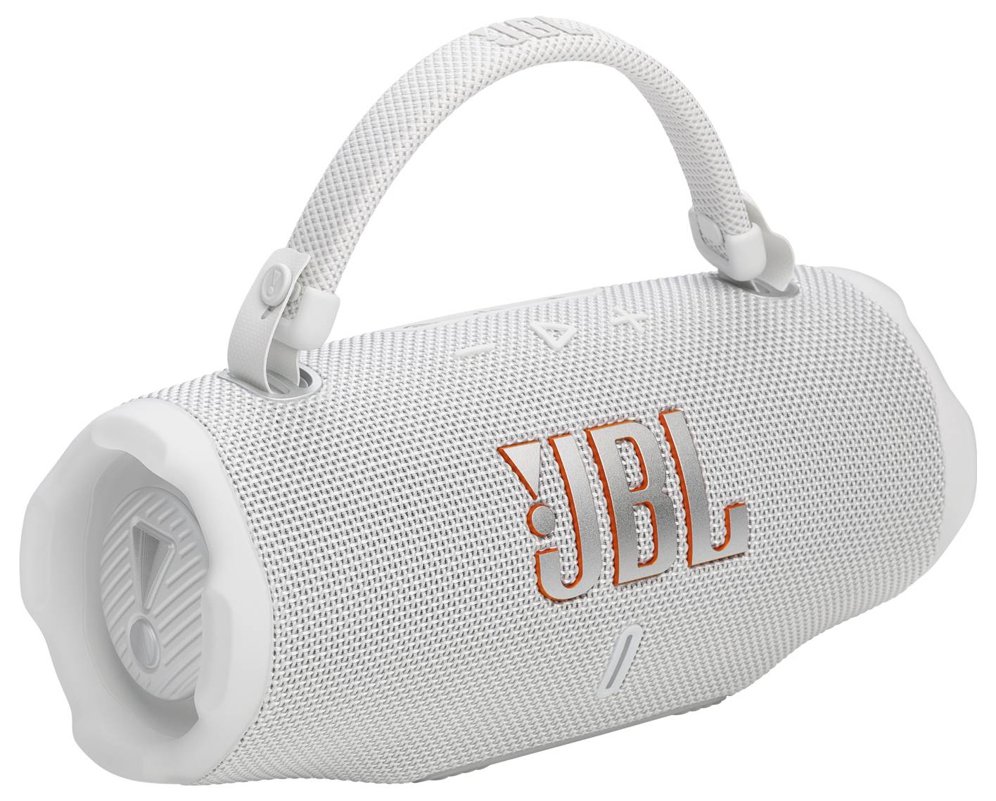 Ein weißer tragbarer Bluetooth-Lautsprecher mit orangefarbener JBL-Markierung, der einen robusten Griff zum einfachen Tragen besitzt.