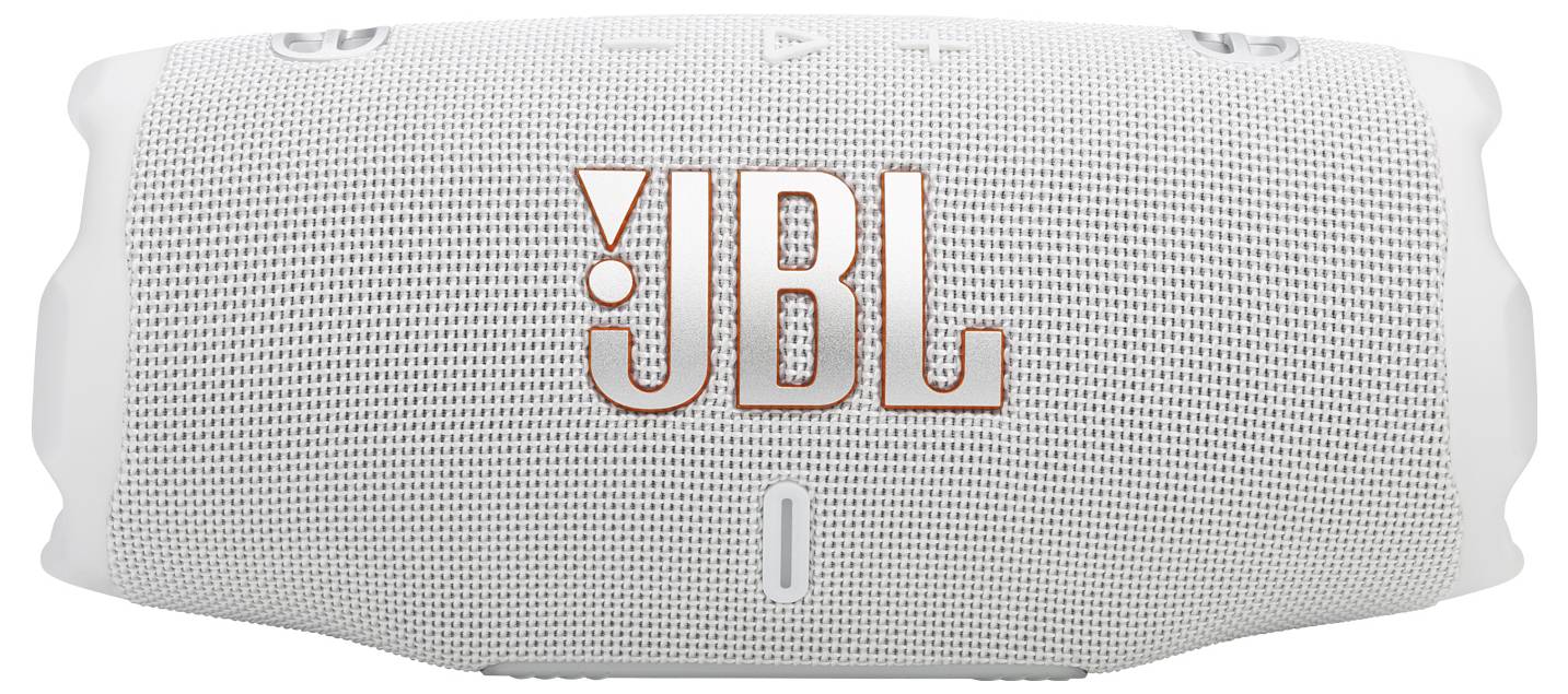 Ein weißer zylindrischer Bluetooth-Lautsprecher mit orangefarbenem 'JBL'-Logo auf der Vorderseite, der Bedienelemente auf der Oberseite hat.