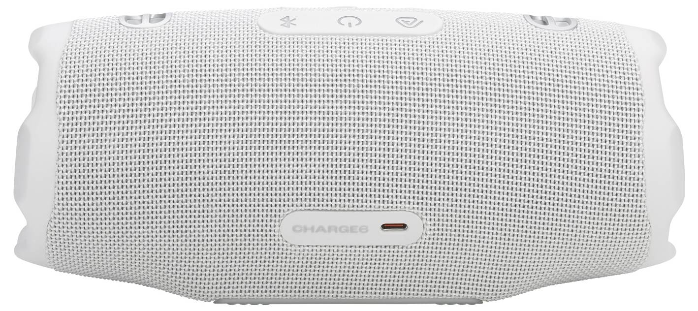 Ein weißer tragbarer Lautsprecher mit Netzoberfläche, der oben Tasten für Bluetooth, Ein/Aus und Lautstärkeregelung aufweist. Das Markenlogo ist sichtbar.