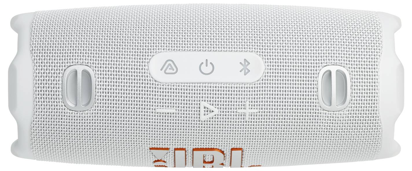 Ein weißer tragbarer Lautsprecher mit Bedienungselementen auf der Oberseite: Ein- und Ausschalter, Bluetooth, Play/Pause, Lautstärke hoch/runter. Der Schriftzug 'JBL' ist auf der Vorderseite sichtbar.