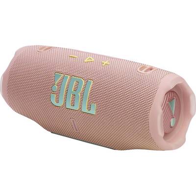 Ein rosa tragbarer Bluetooth-Lautsprecher mit einer strukturierten Oberfläche, auf dessen Seite prominent das JBL-Logo angebracht ist.