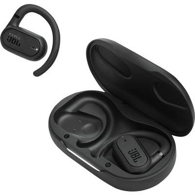 Schwarze JBL kabellose Ohrhörer mit abnehmbarem Bügel, einer in einem geöffneten Ladecase, wobei ein zweiter Ohrhörer sichtbar ist.