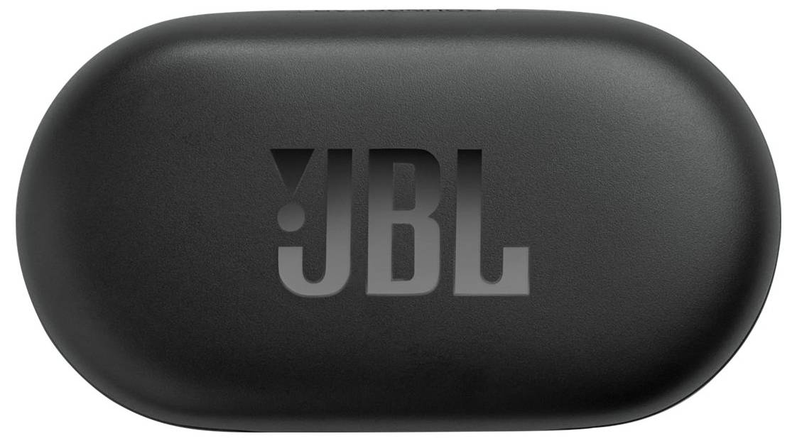 Ein schwarzer JBL-Ohrhörer-Ladeetui-Deckel mit dem auf der Oberseite geprägten JBL-Logo.