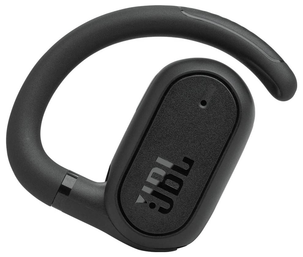 Ein schwarzer JBL-Wireless-Ohrhörer mit angebrachtem Ohrbügel, der für einen sicheren Halt während Aktivitäten entwickelt wurde.