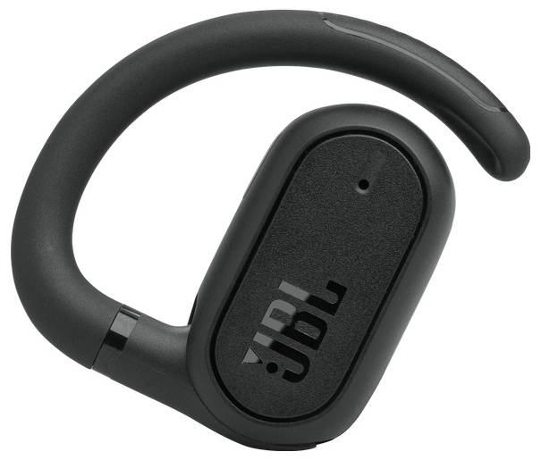 Ein schwarzer drahtloser Earbud mit Ohrhaken, versehen mit dem JBL-Logo, entwickelt für einen sicheren Sitz während Aktivitäten.