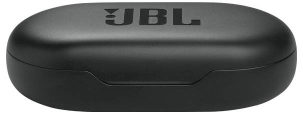 Ein schwarzes JBL-Ohrhörer-Etui mit dem JBL-Logo oben drauf.