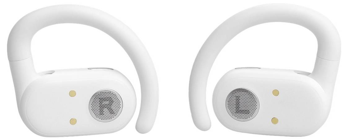 Weiße kabellose Ohrhörer mit Bügelhalterungen über dem Ohr, für einen sicheren Sitz konzipiert.