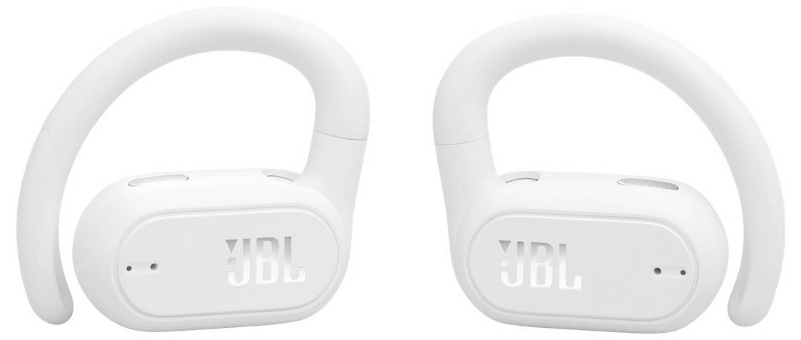 Weiße JBL drahtlose Ohrhörer mit Ohrbügeln, seitlich nebeneinander positioniert.