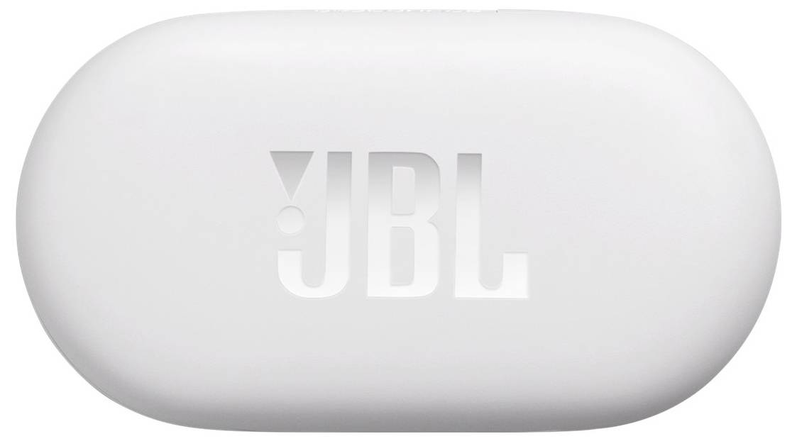 Weißes Kopfhörer-Etui mit eingraviertem 'JBL'-Logo auf der Oberseite, aus Draufsicht betrachtet.