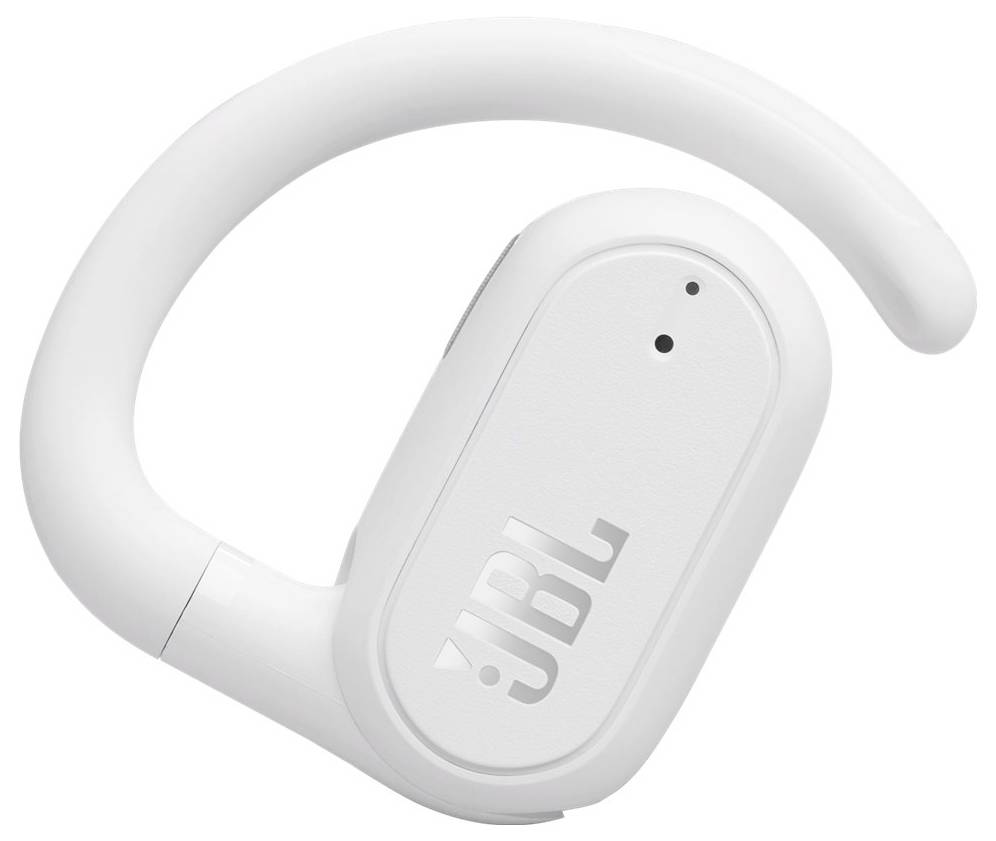 Ein weißer drahtloser JBL-Earbud mit Ohrhaken-Design, der eine schlanke und kompakte Bauweise präsentiert, die für einen sicheren und bequemen Sitz optimiert ist.