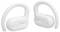 Weiße kabellose Kopfhörer mit Haken, die für einen sicheren Sitz entwickelt wurden; Markenlogo auf jedem Kopfhörer sichtbar.