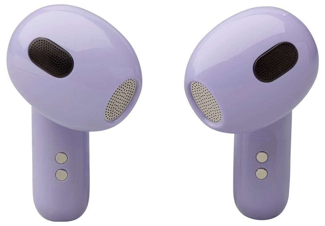 Zwei lavendelfarben Wireless-Earbuds mit schwarzen und silbernen Lautsprechergittern, die nach vorne gerichtet sind. Jeder Earbud verfügt über zwei sichtbare Ladekontakte.