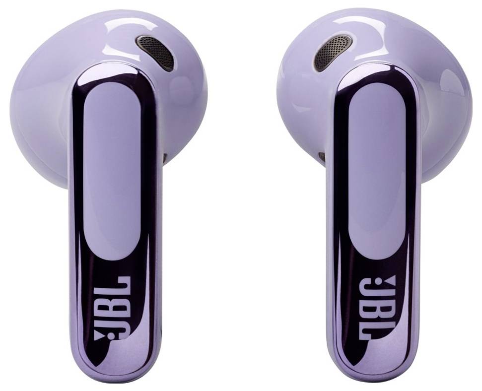 Lila kabellose Ohrhörer mit 'JBL' Logos an den Stängeln, die ein elegantes Design präsentieren.