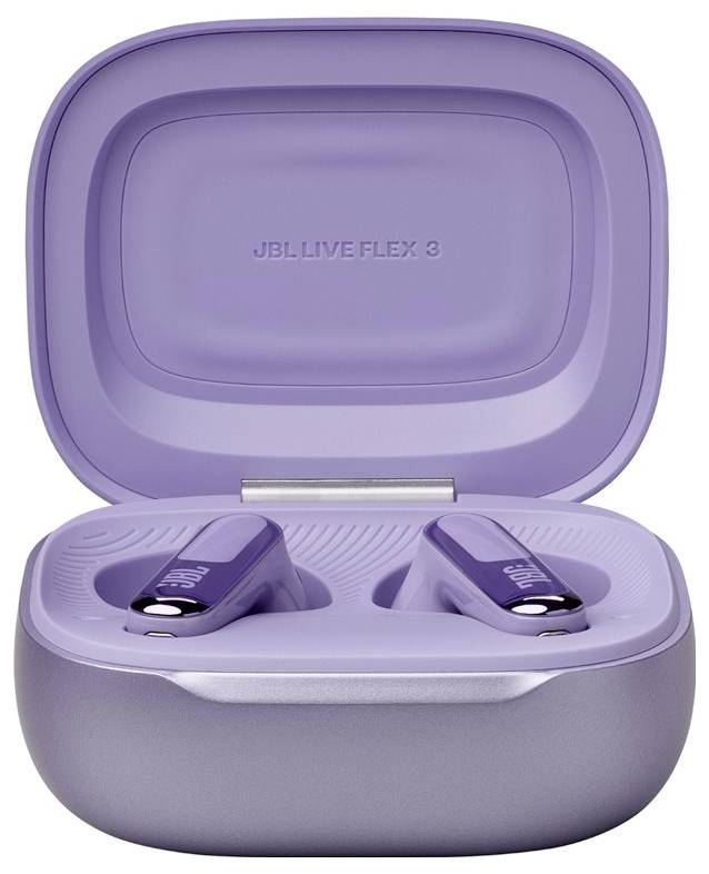 Violette kabellose Ohrhörer in einem geöffneten Ladeetui. Das Innere des Etuis zeigt den Markennamen 'JBL Live Flex 3'.