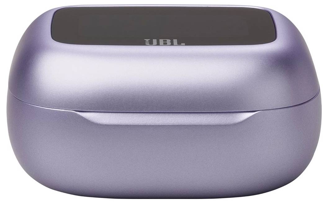 Eine metallisch-lila farbene JBL Ohrhörer-Ladehülle mit glatter, abgerundeter Gestaltung und einem schwarzen Oberpanel, auf dem das Markenlogo angebracht ist.