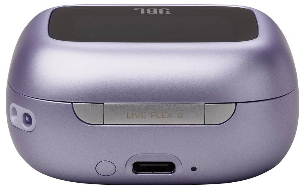 Ein violettes Kopfhörer-Ladeetui mit der Aufschrift "LIVE FLEX 3", ausgestattet mit einem USB-C-Anschluss und einer Anzeigelampe an der Vorderseite, entwickelt für mobile Nutzung.