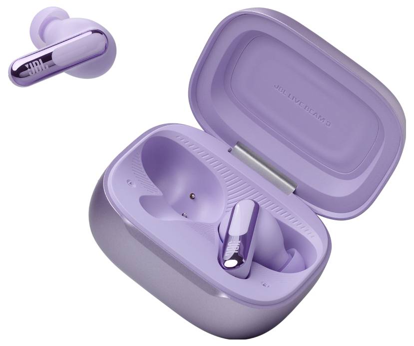 Violette kabellose Ohrhörer mit einer passenden Ladebox, ausgestattet mit einem eleganten Design.