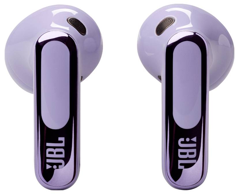Lila kabellose Ohrhörer mit glänzenden Akzenten und 'JBL'-Logo auf den Stämmen, für die Verwendung im Ohr konzipiert.
