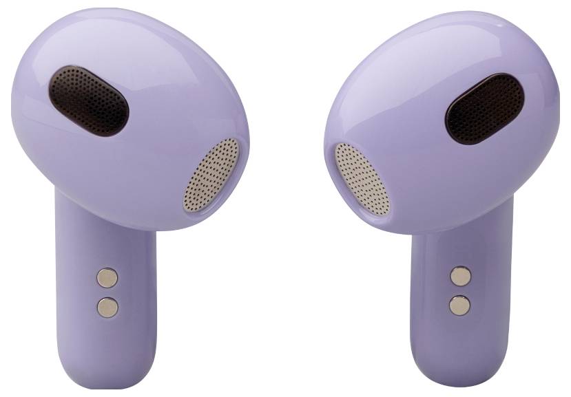 Zwei Lavendel-Wireless-Earbuds, die jeweils ovale schwarze Lautsprechergitter und kleine kreisförmige Ladeanschlüsse an der Seite aufweisen.