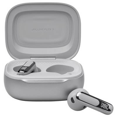 Silberne In-Ear-Kopfhörer mit elegantem Stegdesign, die neben einem offenen Ladeetui präsentiert werden. Das Innere des Etuis ist mit 'JBL LIVE FLEX 3' beschriftet.