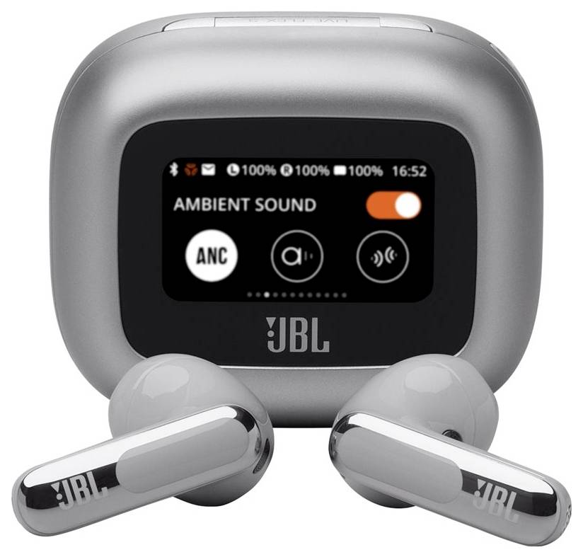 Ohrhörer mit einem Etui, das einen Bildschirm mit den Anzeigen "Ambient Sound", "ANC" und anderen Steuerungen zeigt. Etui und Ohrhörer haben ein schlankes Design.