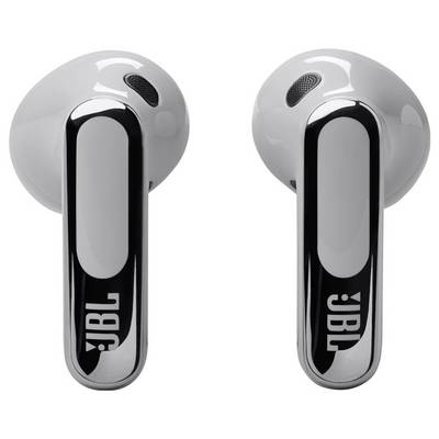 Zwei weiße kabellose Kopfhörer mit länglichen Stielen, auf denen seitlich das JBL-Logo angebracht ist.