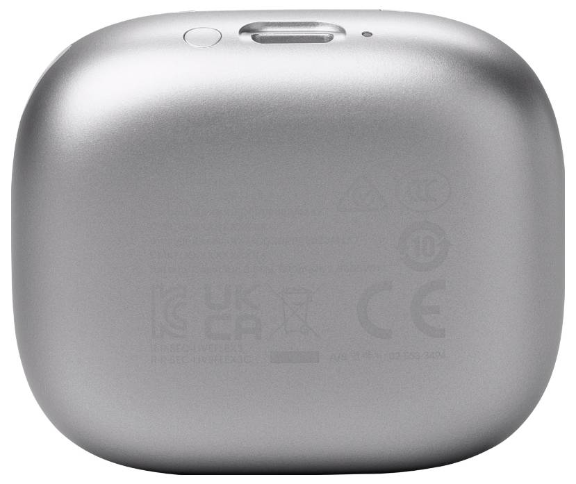 Ein silbernes Ladeetui für Ohrhörer, auf dessen Rückseite Logos und Zertifizierungsmarkierungen zu sehen sind.