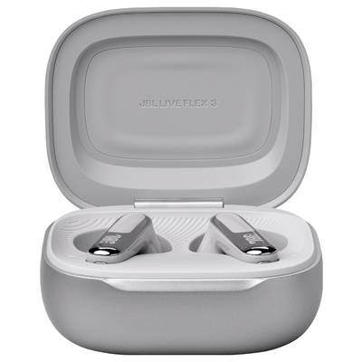 Silberne kabellose Kopfhörer mit einer Hülle, die mit 'JBL LIVE FLEX 3' beschriftet ist.