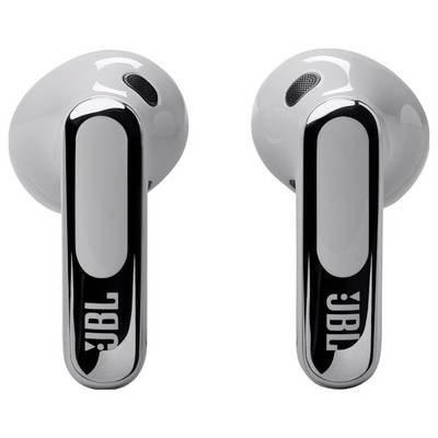Ein Paar weiße kabellose Kopfhörer mit schwarzen Akzenten und dem JBL-Logo auf jedem Hörer, von der Seite gezeigt, um das Design hervorzuheben.