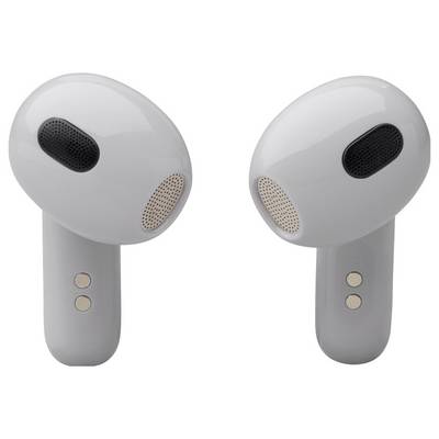 Zwei drahtlose Ohrhörer mit einem schlanken, ergonomischen Design. Jeder Ohrhörer verfügt über zwei kleine Tasten und Meshdetails für die Audioausgabe.