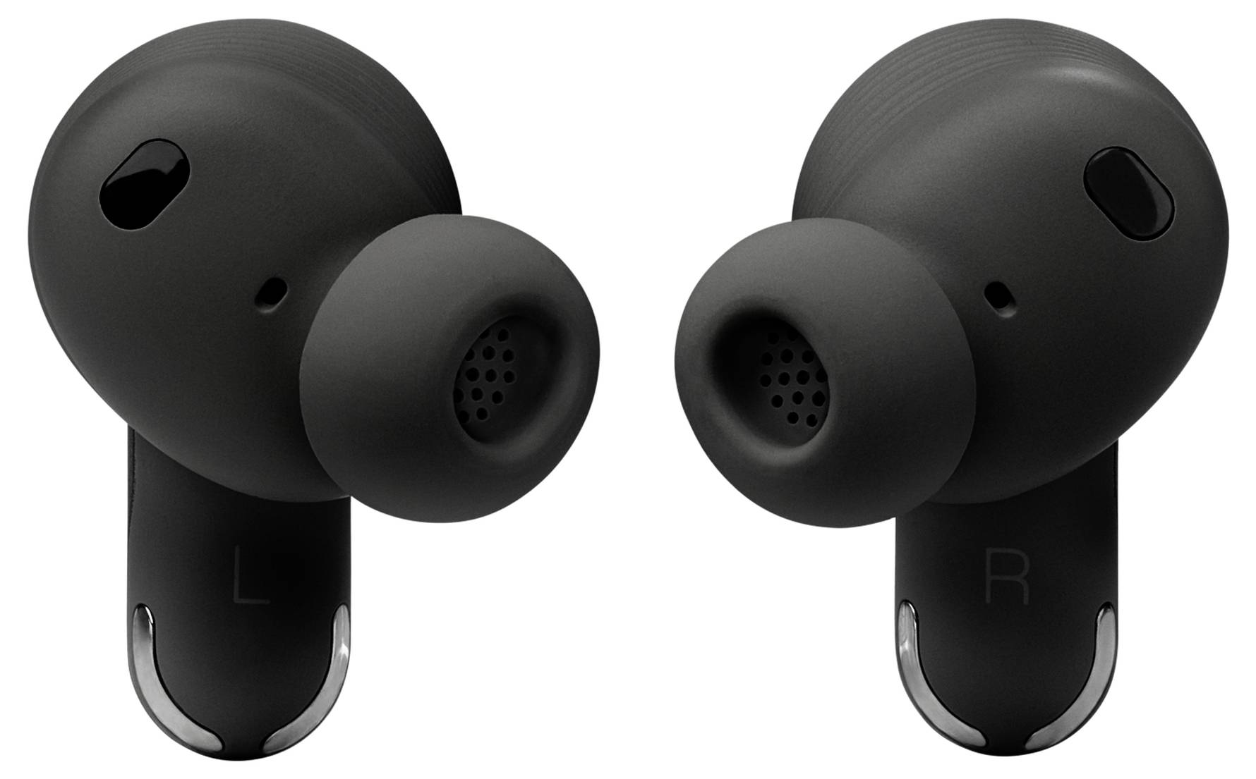 Zwei schwarze kabellose Ohrhörer mit den Beschriftungen "L" (links) und "R" (rechts), mit Silikonohreinsätzen, zur Verwendung direkt im Ohr konzipiert.