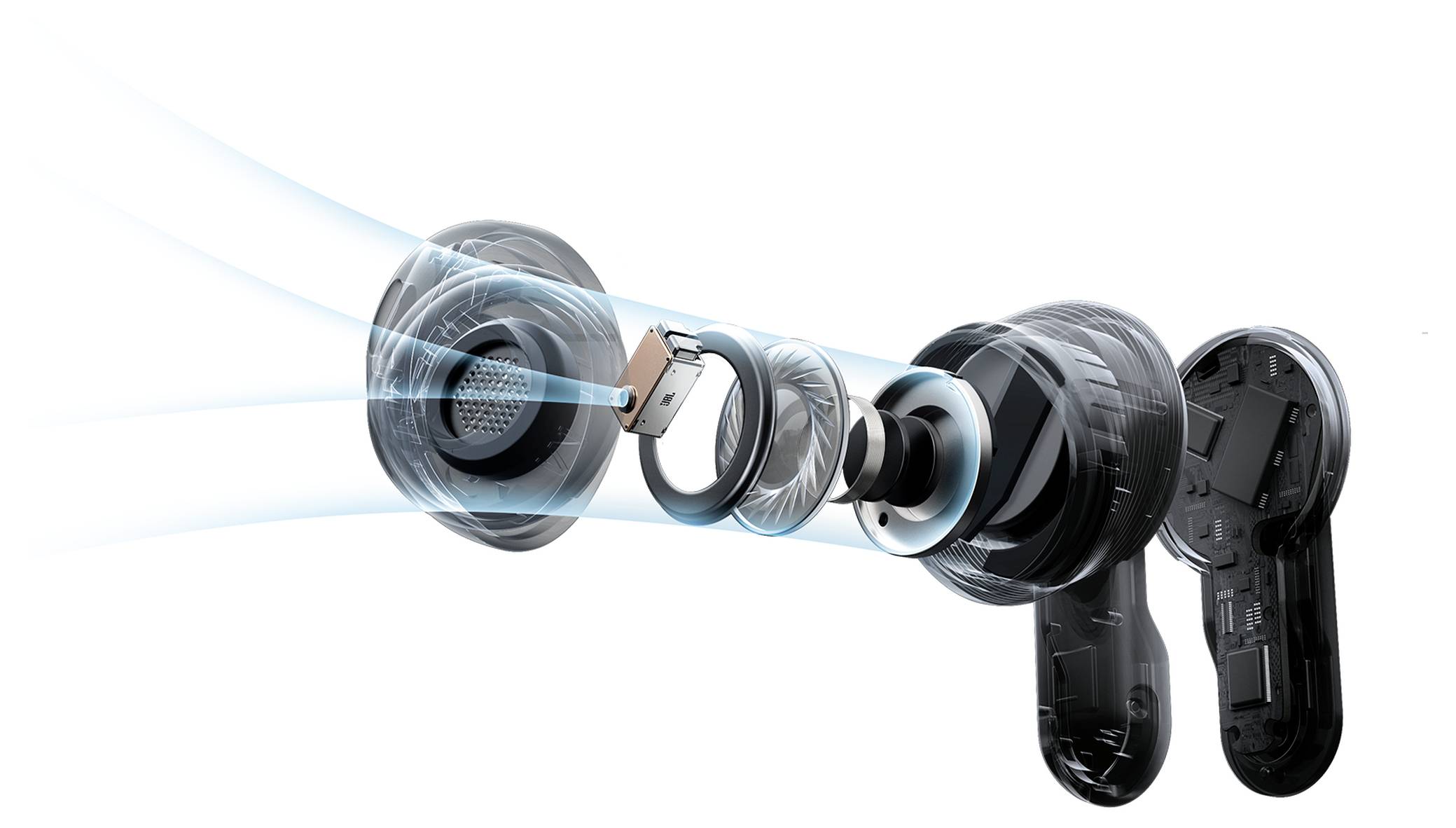 Explosionszeichnung eines drahtlosen Earbuds, die Innenkomponenten wie Treiber, Magnete und Schaltkreise zeigt, mit blauen Linien, die den Schallfluss andeuten.